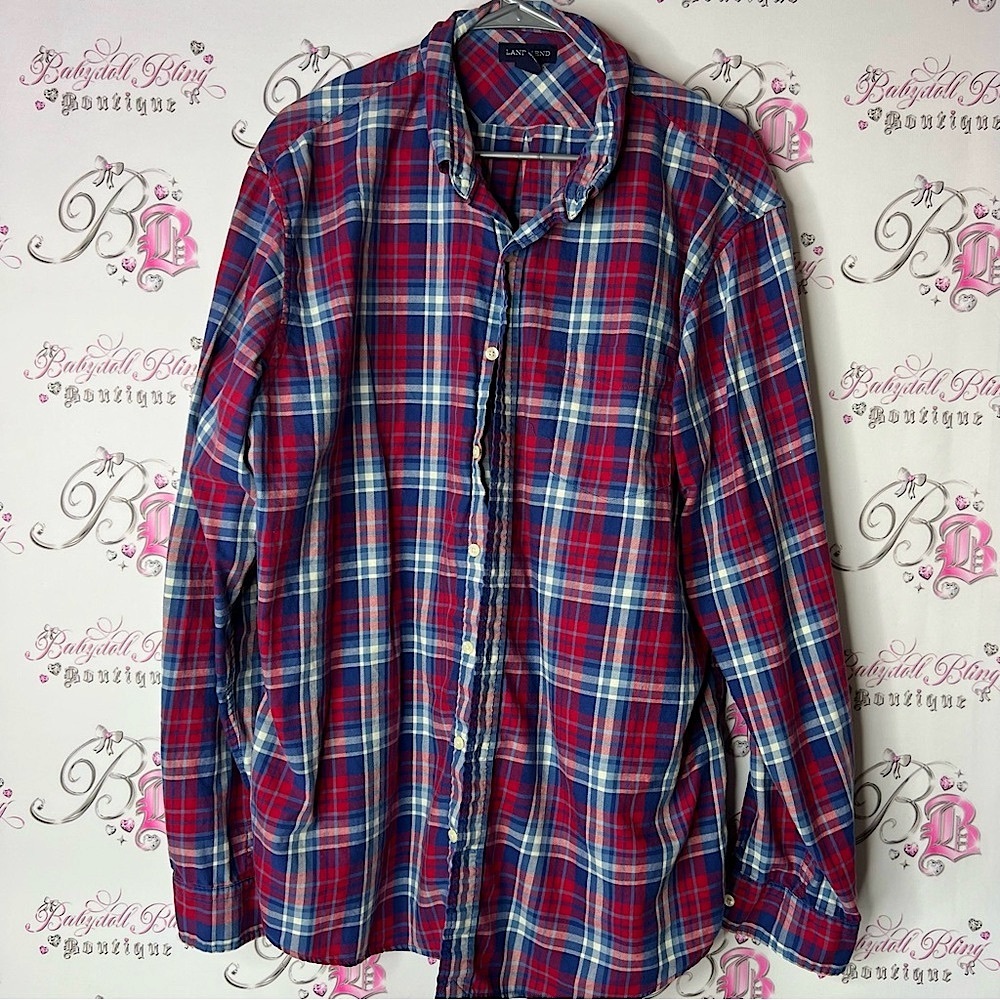 Lands' End Red and Blue Casual Button Down Shirt traditional fit XL